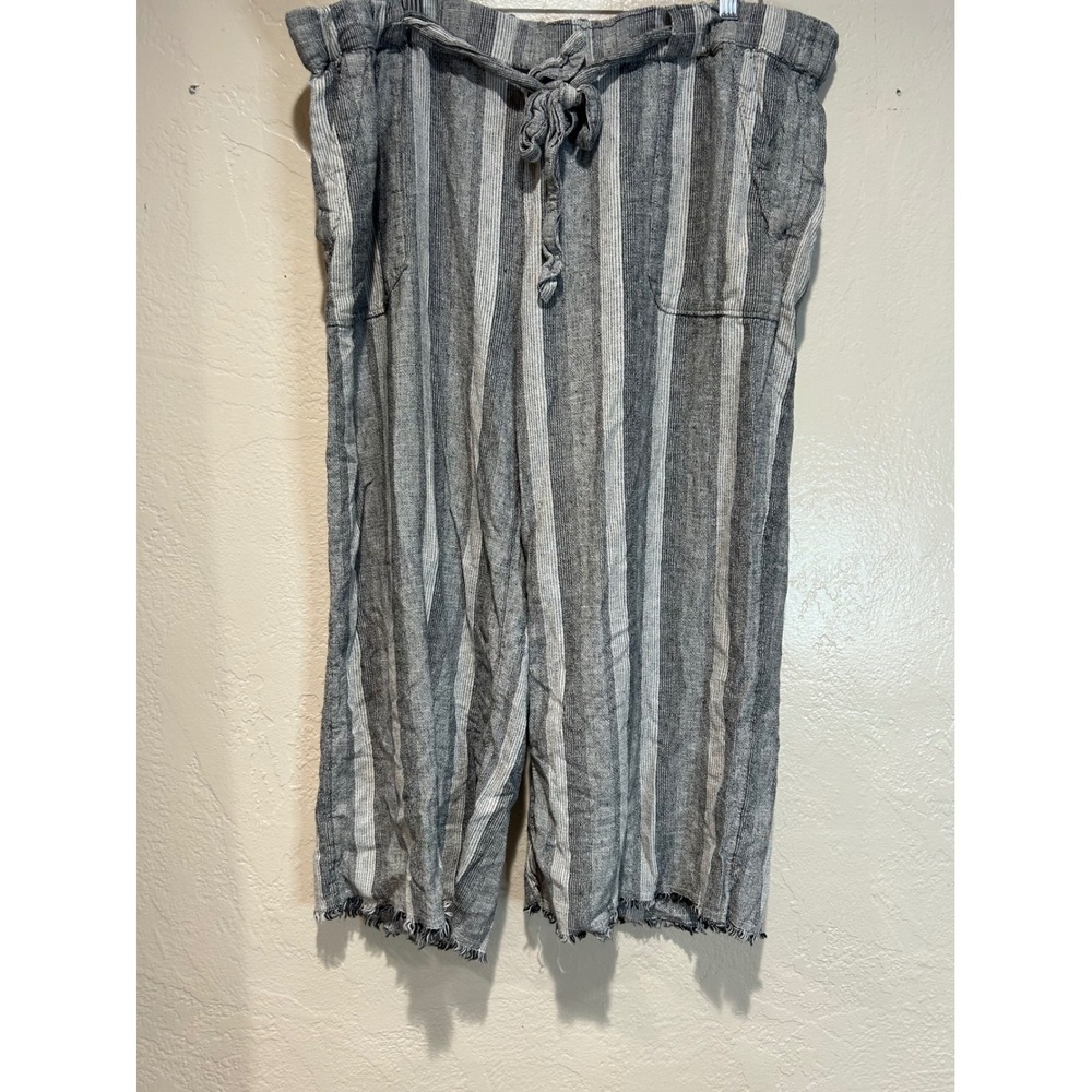 Caslon‎ Womens XL Grey White Striped Linen Blend Wide Leg Crop Pants Frayed Hem